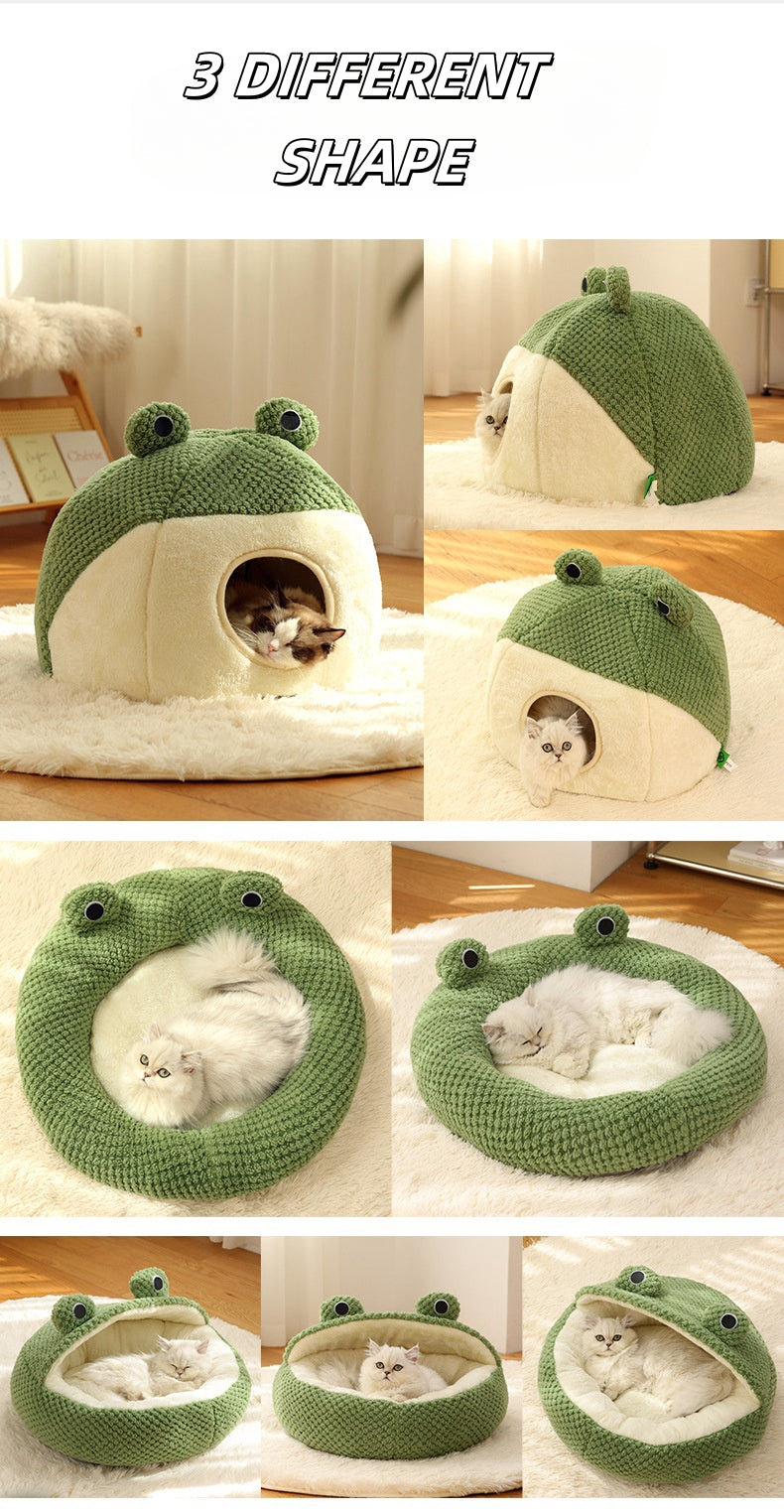 Pet Beds for Indoor Puppies Cats - Cat Bed Cave with Removable Washable Cushioned Pillow, Soft Plush Premium Cotton No Deformation Pet Bed, Lively Frog Pet House Design, Multiple Shape and Size