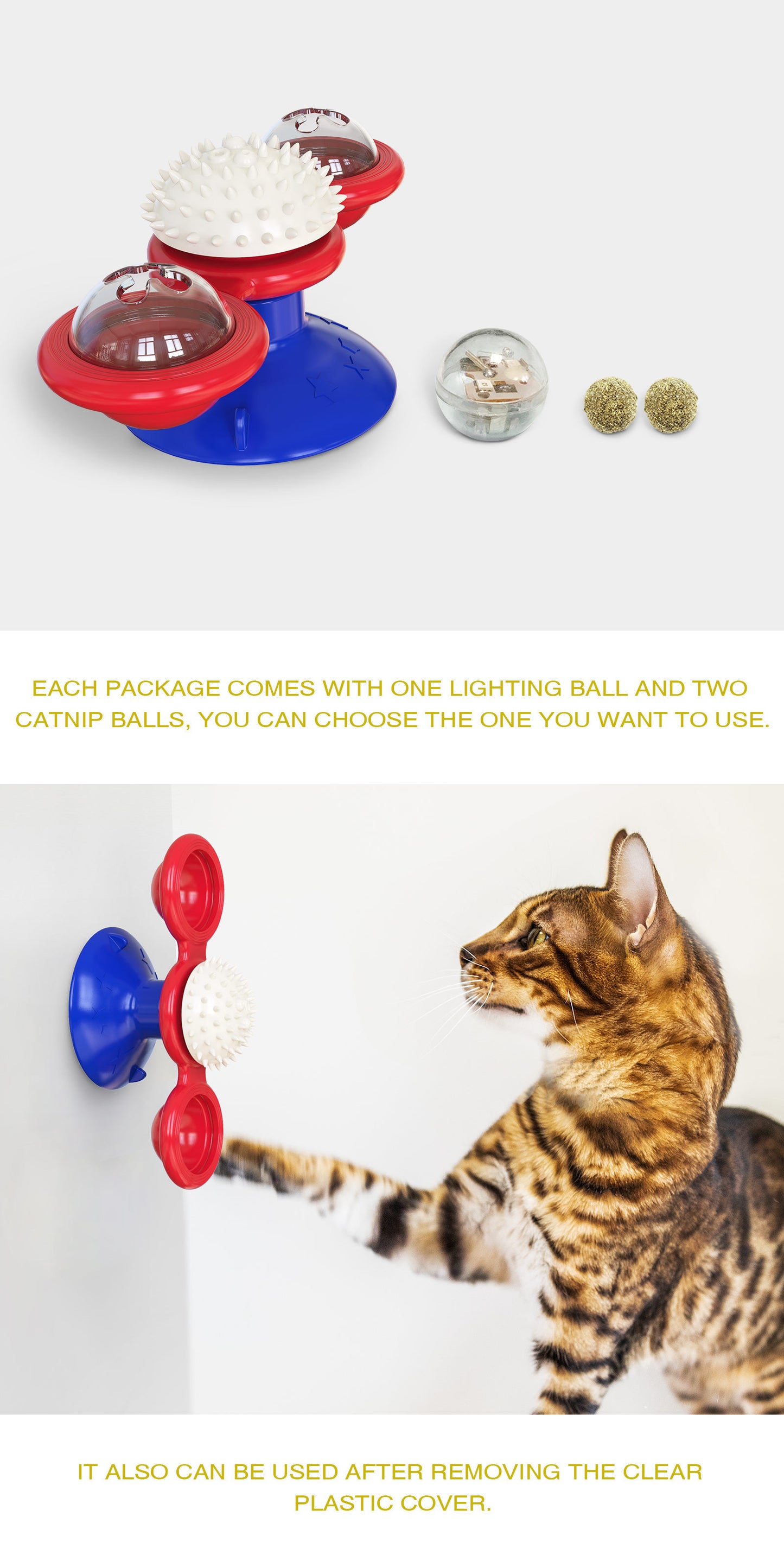 Windmill Cat Toy with Catnip, Interactive Cat Spinning Toys with Suction Cup Kitten Turntable Massage Toy for Indoor Cats