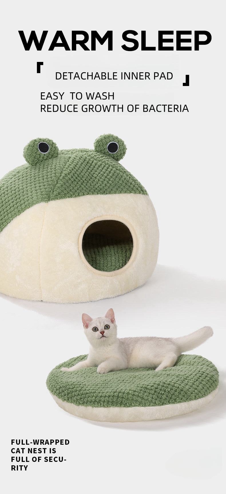 Pet Beds for Indoor Puppies Cats - Cat Bed Cave with Removable Washable Cushioned Pillow, Soft Plush Premium Cotton No Deformation Pet Bed, Lively Frog Pet House Design, Multiple Shape and Size