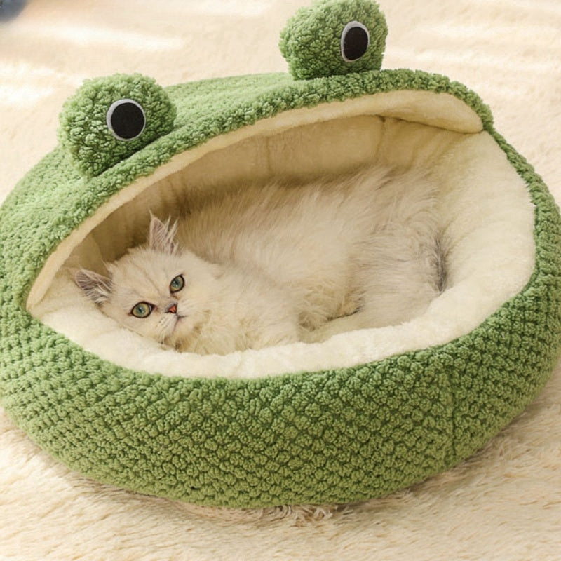 Pet Beds for Indoor Puppies Cats - Cat Bed Cave with Removable Washable Cushioned Pillow, Soft Plush Premium Cotton No Deformation Pet Bed, Lively Frog Pet House Design, Multiple Shape and Size