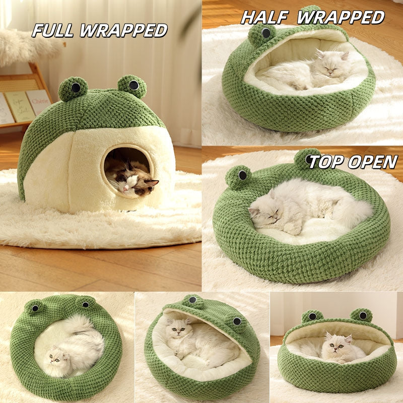 Pet Beds for Indoor Puppies Cats - Cat Bed Cave with Removable Washable Cushioned Pillow, Soft Plush Premium Cotton No Deformation Pet Bed, Lively Frog Pet House Design, Multiple Shape and Size