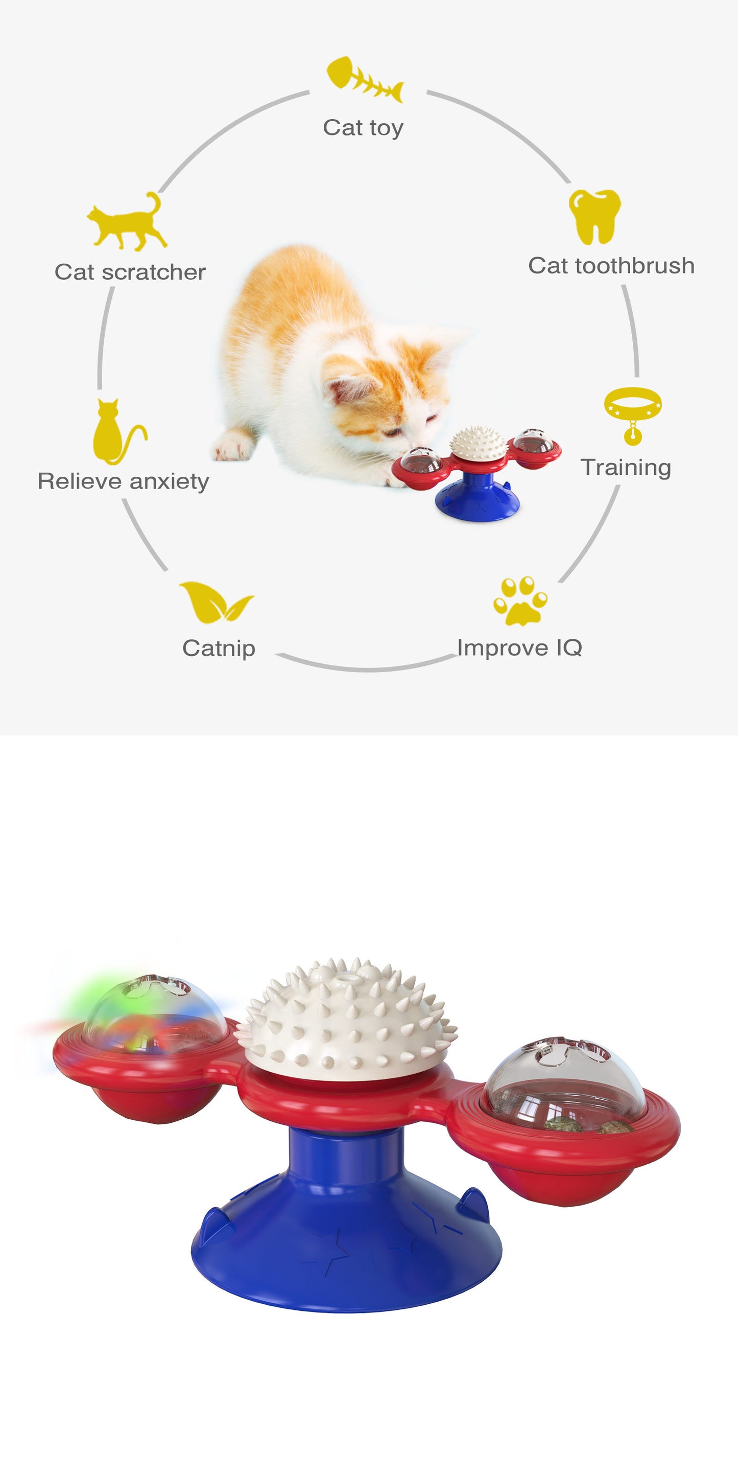 Windmill Cat Toy with Catnip, Interactive Cat Spinning Toys with Suction Cup Kitten Turntable Massage Toy for Indoor Cats